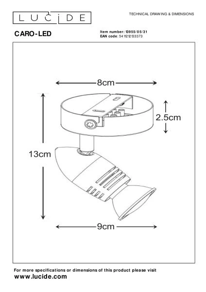 Lucide CARO-LED - Plafondspot - Ø 9 cm - LED - GU10 - 1x5W 2700K - Wit - technisch